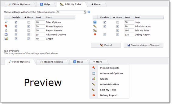 Edit My Tabs form and preview