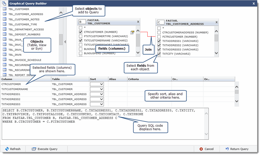 Example of a query in the Graphical Query Builder