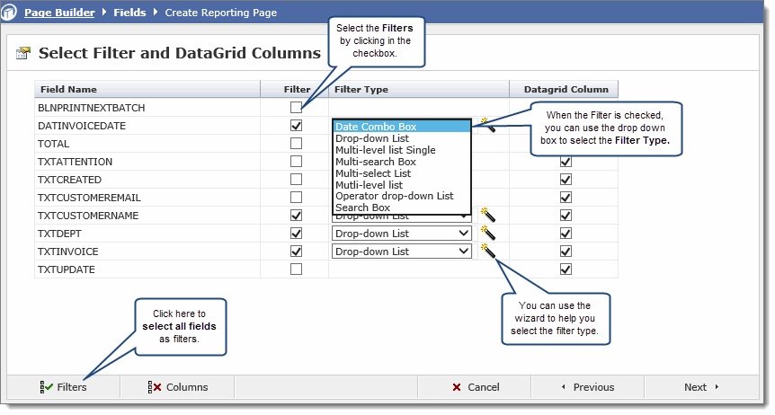 Select filter and datagrid columns